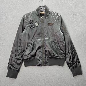 Fox Racing Women Jacket Small Gray Quilted Lined Bomber Motocross Patches